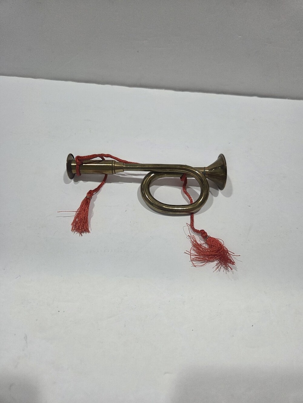 Christmas Ornament Brass Mini Bugle with Red Tassels 5 in.